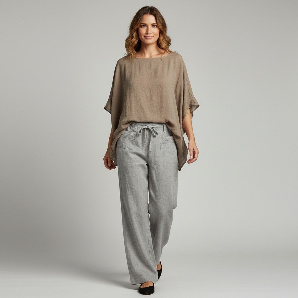 INC International Concepts Gray 100% Linen Wide Leg Pants Drawstring Womens 14